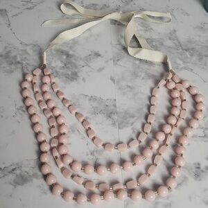 Pink Beaded White Ribbon Necklace